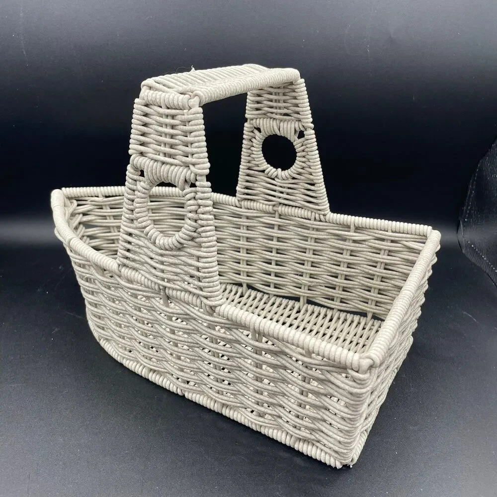 Vintage White Woven Faux Rattan Basket Metal Frame Heavy Weight Storage Caddy